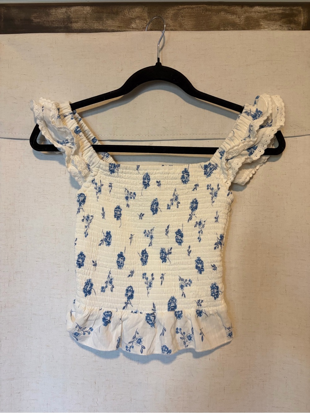 Blue Floral Smocked Crop Top with Ruffle Shoulders